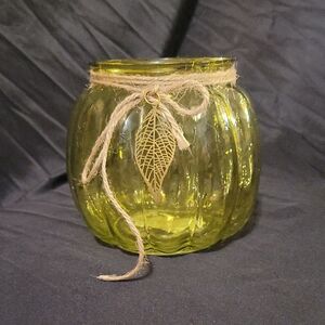 Yellow Glass Candle Holder with Leaf Charm